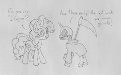 Size: 1600x1000 | Tagged: safe, artist:datspaniard, derpibooru import, pinkie pie, earth pony, pony, bone, female, grim reaper, i forgor, image, jpeg, mare, monochrome, scythe, skeleton, skull, traditional art