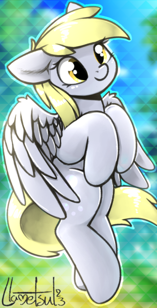 Size: 476x929 | Tagged: safe, artist:llametsul, derpibooru import, derpy hooves, pegasus, pony, colored, cute, derpabetes, female, image, mare, png, signature, smiling, solo