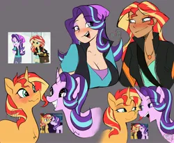Size: 4096x3378 | Tagged: safe, artist:ecstasydemon, derpibooru import, starlight glimmer, sunset shimmer, human, pony, unicorn, equestria girls, blushing, breasts, clothes, female, freckles, heart, image, jpeg, lesbian, open mouth, shimmerglimmer, shipping, smiling, smirk
