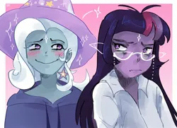 Size: 2048x1479 | Tagged: safe, artist:dmitrymemovznok, derpibooru import, trixie, twilight sparkle, human, equestria girls, blushing, clothes, ear piercing, female, frown, glasses, hat, hoodie, image, jpeg, lesbian, piercing, shipping, smiling, twixie