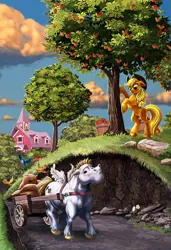 Size: 1200x1755 | Tagged: safe, artist:harwick, derpibooru import, applejack, bulk biceps, bird, earth pony, pegasus, pony, apple, apple tree, barn, cart, cloud, cloudy, description is relevant, fanfic art, female, food, grass, hill, image, jpeg, male, mare, reupload, scenery, scenery porn, shipping, sky, stallion, sweet apple acres, tree, unshorn fetlocks