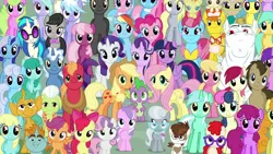 Size: 1000x563 | Tagged: safe, derpibooru import, edit, edited screencap, editor:incredibubbleirishguy, screencap, aloe, apple bloom, applejack, berry punch, berryshine, big macintosh, bon bon, bulk biceps, carrot cake, cheerilee, cup cake, derpy hooves, diamond tiara, doctor whooves, fluttershy, granny smith, lemon hearts, lotus blossom, lyra heartstrings, mayor mare, minuette, octavia melody, pinkie pie, pipsqueak, pound cake, pumpkin cake, rainbow dash, rarity, roseluck, scootaloo, silver spoon, snails, snips, spike, starlight glimmer, sweetie belle, sweetie drops, time turner, twilight sparkle, twilight sparkle (alicorn), vinyl scratch, alicorn, dragon, earth pony, pegasus, pony, unicorn, she's all yak, the cutie re-mark, background pony, crowd, cutie mark crusaders, everypony, female, filly, foal, group photo, group picture, group shot, image, male, mane seven, mane six, png