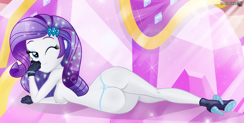Size: 3258x1651 | Tagged: questionable, artist:charliexe, banned from derpibooru, rarity, equestria girls, equestria girls series, the other side, ass, blue underwear, bracelet, breasts, butt, clothes, eyebrows, eyeshadow, female, gloves, high heels, image, jewelry, looking at you, looking back, looking back at you, lying down, makeup, nipples, nudity, one eye closed, panties, partial nudity, paywalled resolution, png, rearity, shoes, side, smiling, smiling at you, solo, solo female, sultry pose, thong, topless, underwear, wink, winking at you