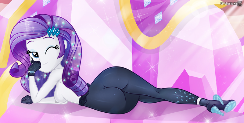 Size: 3258x1651 | Tagged: questionable, alternate version, artist:charliexe, banned from derpibooru, rarity, equestria girls, equestria girls series, the other side, ass, bodysuit, bracelet, breasts, butt, clothes, eyebrows, eyeshadow, female, gloves, high heels, image, jewelry, looking at you, lying down, makeup, one eye closed, partial nudity, paywalled alternate version, png, rearity, shoes, side, smiling, smiling at you, solo, solo female, sultry pose, topless, unitard, wink, winking at you