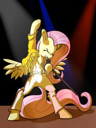 Size: 1280x1707 | Tagged: safe, artist:annacurser, derpibooru import, fluttershy, pegasus, pony, belt, bipedal, chest fluff, clothes, epic, eyes closed, female, freddie mercury, gritted teeth, image, jacket, jpeg, mare, microphone, open clothes, open jacket, pants, parody, queen (band), raised hoof, shirt, solo, spotlight, teeth