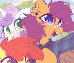 Size: 1740x1466 | Tagged: safe, artist:mirtash, derpibooru import, apple bloom, scootaloo, sweetie belle, earth pony, pegasus, pony, unicorn, bandaid, bandaid on nose, clothes, cutie mark crusaders, ear fluff, ear piercing, earring, female, flannel, image, jewelry, mare, older, older apple bloom, older cmc, older scootaloo, older sweetie belle, open mouth, piercing, png, shirt, tree, trio