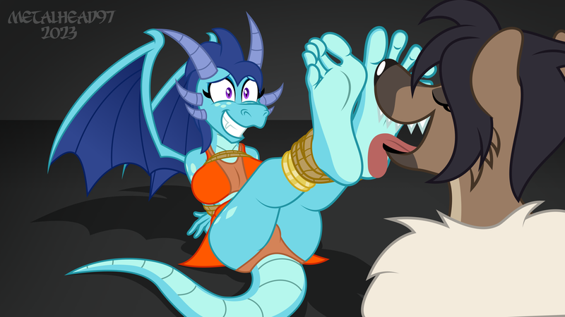 Size: 8000x4500 | Tagged: suggestive, artist:metalhead97, derpibooru import, oc, oc:blizz, oc:nikita, unofficial characters only, anthro, dragon, hyena, plantigrade anthro, anthro oc, ass, barefoot, big breasts, bondage, breasts, butt, clothes, commission, dragoness, duo, eyes closed, feet, feet up, female, fetish, foot fetish, foot focus, foot worship, grin, image, jewelry, large butt, lesbian, licking, licking foot, looking at you, nervous, nervous grin, png, show accurate, smiling, smiling at you, soles, toes, tongue out
