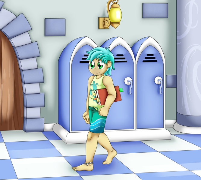 Size: 5000x4500 | Tagged: safe, artist:pvryohei, derpibooru import, sandbar, human, anklet, barefoot, barefooting, book, clothes, commission, door, feet, hallway, humanized, image, jewelry, lockers, male, png, school, school of friendship, shorts, solo, tanktop