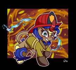 Size: 2060x1916 | Tagged: safe, artist:lou, derpibooru import, oc, oc:cobalt flame, unofficial characters only, kirin, clothes, costume, firefighter, gloves, halloween, halloween costume, holiday, image, kirin oc, png