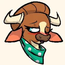 Size: 464x464 | Tagged: safe, derpibooru import, cow, them's fightin' herds, bandana, banned from foenum, community related, female, image, lidded eyes, madison (tfh), one eye closed, open mouth, png