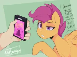 Size: 2000x1478 | Tagged: suggestive, artist:darkdoubloon, derpibooru import, scootaloo, human, pegasus, pony, clopfic in description, image, jpeg, mind control, older, older scootaloo, phone, simple background, story included