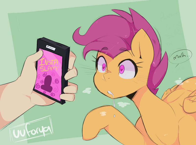 Size: 2000x1478 | Tagged: suggestive, artist:darkdoubloon, derpibooru import, scootaloo, human, pegasus, pony, clopfic in description, dialogue, drool, heart, heart eyes, image, jpeg, mind control, older, older scootaloo, phone, story included, wingding eyes