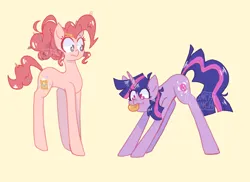 Size: 1280x934 | Tagged: safe, artist:chunchalunch, derpibooru import, pinkie pie, twilight sparkle, earth pony, pony, unicorn, :p, alternate cutie mark, alternate hairstyle, alternate name, alternate universe, cream background, duo, duo female, female, image, mare, messy mane, no pupils, paper clip, pencil, png, role reversal, shiny mane, silly, silly pony, simple background, tongue out, unicorn twilight, yellow background