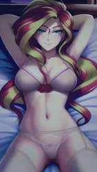 Size: 864x1536 | Tagged: suggestive, derpibooru import, editor:sammykun, machine learning generated, novelai, stable diffusion, sunset shimmer, adorasexy, arm behind head, bed, bedroom eyes, bedsheets, belly button, bra, breasts, busty sunset shimmer, clothes, cute, e-cup bra, female, image, imminent sex, legwear, lingerie, looking at you, lying down, night, offscreen character, on bed, panties, pantyhose, png, pov, reasonably sized breasts, sexy, sheet, smiling, solo, solo female, stupid sexy sunset shimmer, thighs, underwear, white underwear