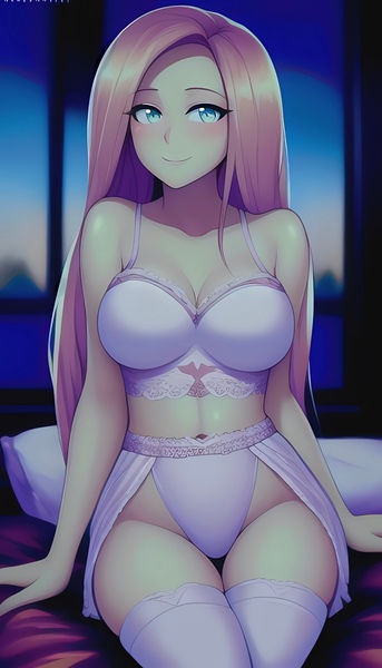 Size: 863x1510 | Tagged: suggestive, derpibooru import, editor:sammykun, machine learning generated, novelai, stable diffusion, fluttershy, adorasexy, bed, bra, breasts, busty fluttershy, clothes, cute, e-cup bra, female, image, imminent sex, jpeg, legwear, lingerie, looking at you, night, on bed, panties, pantyhose, reasonably sized breasts, sexy, sitting, smiling, solo, solo female, spoilers for another series, stupid sexy fluttershy, thighs, underwear, white underwear