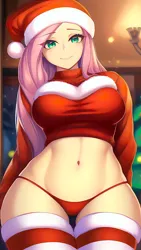 Size: 864x1536 | Tagged: suggestive, derpibooru import, machine learning generated, novelai, stable diffusion, fluttershy, adorasexy, breasts, busty fluttershy, christmas, christmas stocking, christmas tree, clothes, cute, female, hat, holiday, image, looking at you, midriff, panties, png, santa hat, sexy, shyabetes, smiling, solo, solo female, stupid sexy fluttershy, sweater, thigh gap, thigh socks, thighs, thunder thighs, tree, underwear