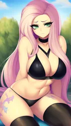 Size: 864x1536 | Tagged: suggestive, derpibooru import, editor:sammykun, machine learning generated, novelai, stable diffusion, fluttershy, equestria girls, arm behind back, big breasts, bikini, bra, breasts, busty fluttershy, choker, clothes, female, fluttergoth, goth, image, latex, latex bra, latex panties, latex stockings, looking at you, midriff, panties, png, sexy, sitting, solo, solo female, stockings, swimsuit, thigh gap, thigh highs, thigh socks, thighs, tree, underwear