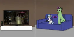 Size: 1641x828 | Tagged: safe, artist:nismorose, derpibooru import, oc, oc:anon, oc:nocturnal pike, bat pony, pony, unicorn, fanfic, fanfic:the long and short of it, 2 panel comic, bat wings, big pony, chest fluff, comic, controller, couch, ear fluff, ear tufts, excited, fanfic art, fangs, female, glow, glowing horn, halo, halo (series), halo 3, hand, happy, horn, image, indoors, jpeg, magic, magical hands, male, mare, sitting, slit pupils, small pony, split screen, stallion, telekinesis, television, two sides, wings, xbox, xbox 360, xbox 360 controller