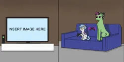 Size: 1645x828 | Tagged: safe, artist:nismorose, derpibooru import, oc, oc:anon, oc:nocturnal pike, bat pony, pony, unicorn, fanfic, fanfic:the long and short of it, 2 panel comic, bat wings, big pony, chest fluff, comic, controller, couch, ear fluff, ear tufts, excited, fanfic art, fangs, female, glow, glowing horn, hand, happy, horn, image, indoors, insert picture here, jpeg, magic, magical hands, male, mare, sitting, slit pupils, small pony, split screen, stallion, telekinesis, television, two sides, wings, xbox, xbox 360, xbox 360 controller
