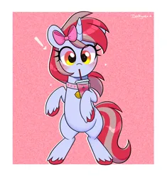 Size: 3100x3300 | Tagged: safe, artist:darkynez, derpibooru import, oc, oc:cinnamon lightning, unofficial characters only, pony, unicorn, bell, bell collar, belly, bipedal, blushing, bow, collar, drink, drinking straw, exclamation point, hair bow, heart, image, jpeg, looking at you, solo, surprised, unshorn fetlocks, wide eyes