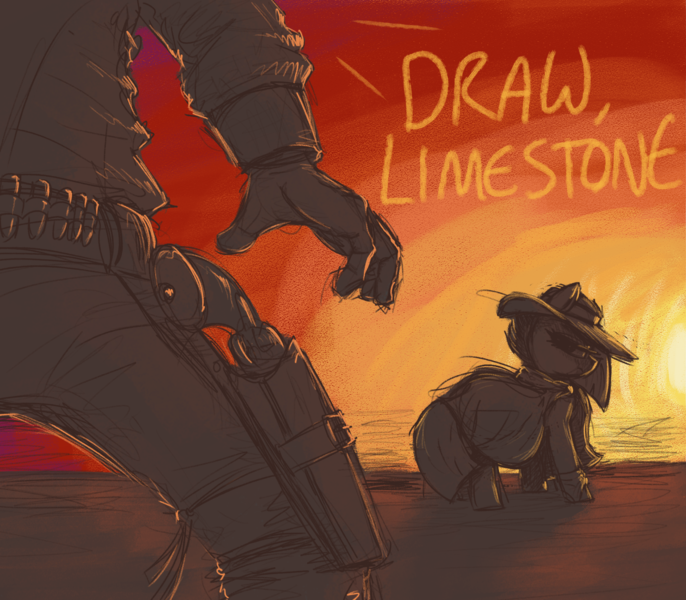 Size: 2785x2435 | Tagged: safe, artist:t72b, derpibooru import, limestone pie, oc, oc:anon, earth pony, human, pony, backlighting, bullet, clothes, cowboy, cowboy hat, duel, gun, hand, handgun, hat, holster, image, limited palette, looking back, monochrome, neo noir, partial color, png, poncho, revolver, sunset, weapon, western