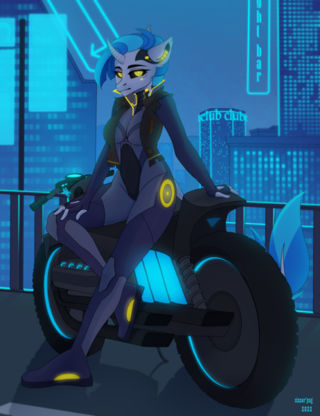 Size: 3000x3894 | Tagged: suggestive, artist:sinner_png, derpibooru import, oc, oc:dj pr3z, anthro, cyborg, unicorn, armored pony, blue mane, breasts, clothes, come hither, cybernetic eyes, cybernetic legs, cybernetic pony, cyberpunk, detailed background, female, futa, glow, glowing eyes, hacker, herm, image, intersex, jacket, leonine tail, motorcycle, neon, png, prosthetic horn, prosthetics, solo, solo female, sunjackers, tail