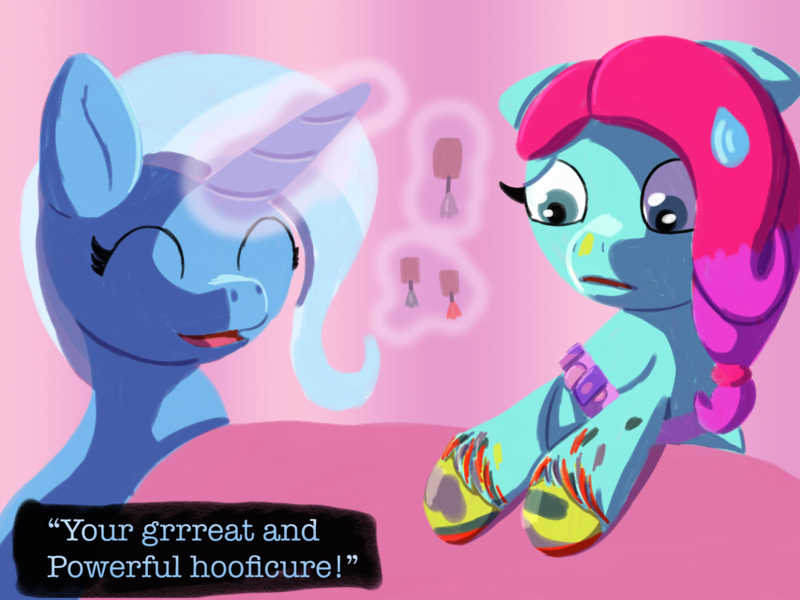 Size: 2048x1536 | Tagged: safe, artist:the crystal artist, derpibooru import, trixie, earth pony, pony, unicorn, colored hooves, cute, derpibooru exclusive, dialogue, diatrixes, duo, duo female, eyes closed, female, floppy ears, g5, generation leap, glow, glowing horn, gradient background, happy, hoof polish, horn, image, jazz hooves, jazz hooves has ears!, levitation, lineless, looking at someone, magic, messy, open mouth, png, proud, raised hoof, shading, shocked, sitting, smiling, sweat, sweatdrop, table, telekinesis, text, there was an attempt, unshorn fetlocks