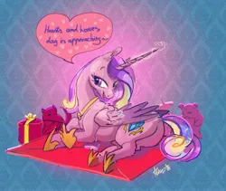 Size: 4096x3449 | Tagged: safe, artist:alumx, derpibooru import, princess cadance, alicorn, earth pony, pony, butt, concave belly, dialogue, envelope, female, glow, glowing horn, hearts and hooves day, high res, holiday, hoof shoes, horn, image, jpeg, long horn, lovebutt, lying down, magic, magic aura, mare, peytral, plot, plushie, present, princess of love, princess shoes, prone, signature, slim, solo, speech bubble, talking to viewer, thin, valentine, valentine's day