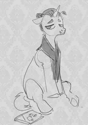 Size: 1820x2577 | Tagged: safe, artist:alumx, derpibooru import, oc, oc:alumx, unofficial characters only, pony, unicorn, clothes, floppy ears, grayscale, image, jpeg, monochrome, scarf, sitting, smiling, solo