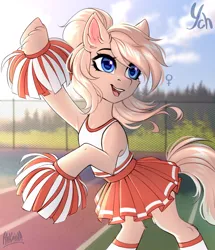 Size: 2600x3022 | Tagged: safe, artist:hakaina, derpibooru import, unnamed character, unnamed pony, oc, unnamed oc, unofficial characters only, earth pony, pony, bipedal, blue eyes, blurry background, cheerleader, cheerleader outfit, clothes, cloud, colored, commission, cute, ear fluff, eyelashes, female, fence, forest, forest background, head turn, head turned, high res, hoof fluff, image, leg fluff, mare, ocbetes, open mouth, open smile, png, pom pom, rearing, running track, shading, shiny eyes, signature, skirt, sky, slim, smiling, socks, solo, tanktop, teeth, thin, tree, unshorn fetlocks, wind, windswept mane, ych sketch, your character here