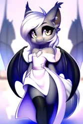 Size: 768x1152 | Tagged: safe, derpibooru import, editor:flitter4935, machine learning generated, novelai, stable diffusion, oc, oc:misty inkblot, bat pony, adorable face, arm behind back, bat pony oc, bat wings, clothes, cute, cute little fangs, dress, ear fluff, fangs, image, kneesocks, looking at you, png, smiling, smiling at you, socks, wings