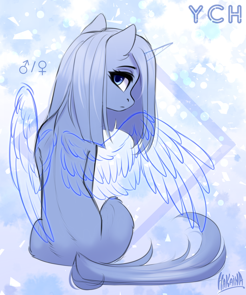Size: 2500x3000 | Tagged: safe, artist:hakaina, derpibooru import, unnamed character, unnamed pony, oc, unnamed oc, unofficial characters only, alicorn, earth pony, pony, abstract background, beautiful, blue, blue eyes, colored, commission, ethereal horn, ethereal wings, eyelashes, female, female symbol, frown, hair physics, head turn, head turned, high res, image, looking at you, looking back, looking back at you, male symbol, mane physics, mare, partially open wings, png, rear view, shading, signature, sitting, sketch, slim, spine, straight mane, thin, wing gesture, wings, ych sketch, your character here