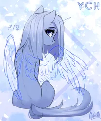 Size: 2500x3000 | Tagged: safe, artist:hakaina, derpibooru import, unnamed character, unnamed pony, oc, unnamed oc, unofficial characters only, alicorn, earth pony, pony, abstract background, beautiful, blue, blue eyes, colored, commission, ethereal horn, ethereal wings, eyelashes, female, female symbol, frown, hair physics, head turn, head turned, high res, image, looking at you, looking back, looking back at you, male symbol, mane physics, mare, partially open wings, png, rear view, shading, signature, sitting, sketch, slim, spine, straight mane, thin, wing gesture, wings, ych sketch, your character here