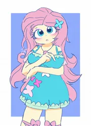 Size: 1169x1626 | Tagged: safe, artist:leo19969525, derpibooru import, fluttershy, butterfly, insect, equestria girls, blue eyes, blushing, clothes, dress, female, hair, image, jpeg, looking at you, open mouth, pink hair, simple background, solo