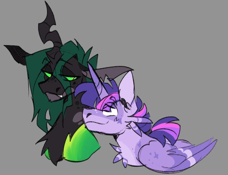 Size: 1056x811 | Tagged: safe, artist:rockin_candies, derpibooru import, queen chrysalis, twilight sparkle, twilight sparkle (alicorn), alicorn, changeling, changeling queen, pony, chest fluff, duo, eye clipping through hair, fangs, female, glow, glowing eyes, gray background, horn, image, jpeg, lesbian, looking at each other, looking at someone, shipping, simple background, slit pupils, smiling, twisalis, twitterina design, wings
