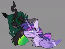 Size: 1056x811 | Tagged: safe, artist:rockin_candies, derpibooru import, queen chrysalis, twilight sparkle, twilight sparkle (alicorn), alicorn, changeling, changeling queen, pony, chest fluff, duo, eye clipping through hair, fangs, female, glow, glowing eyes, gray background, horn, image, jpeg, lesbian, looking at each other, looking at someone, shipping, simple background, slit pupils, smiling, twisalis, twitterina design, wings