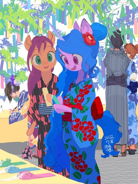 Size: 1299x1727 | Tagged: safe, artist:cottonbudfilly, izzy moonbow, sunny starscout, earth pony, human, pony, semi-anthro, unicorn, alternate hairstyle, clothes, duo focus, female, flower, flower in hair, g5, hoof hold, image, jpeg, kimono (clothing), mare, talisman