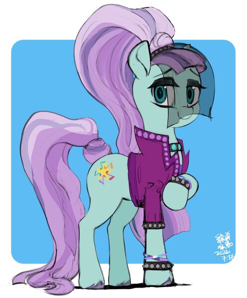 Size: 1356x1639 | Tagged: safe, artist:cottonbudfilly, coloratura, earth pony, pony, bracelet, clothes, countess coloratura, female, image, jacket, jpeg, mare, passepartout, simple background, smiling at you, solo, spiked wristband, veil, white background, wristband