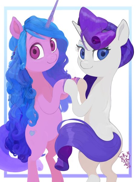 Size: 1304x1739 | Tagged: safe, artist:cottonbudfilly, izzy moonbow, rarity, pony, unicorn, bipedal, butt, female, g4, g5, hooves together, image, jpeg, mare, plot, rearity, simple background, smiling at you, white background