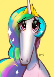 Size: 2397x3378 | Tagged: safe, artist:annna markarova, derpibooru import, princess celestia, alicorn, pony, bust, didn't i do it for you, female, image, jpeg, long nose, looking at you, mare, simple background, solo, yellow background