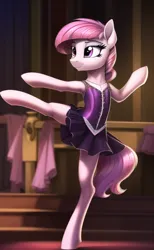 Size: 512x832 | Tagged: artist needed, safe, derpibooru import, machine learning generated, earth pony, pony, ballerina, ballet, bipedal, clothes, dancing, detailed background, image, png, raised leg, skirt