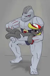 Size: 3268x4961 | Tagged: safe, artist:queen-razlad, derpibooru import, oc, oc:trestle, machoke, pony, ash ketchum hat, blushing, butt grab, butt touch, clothes, feet, grabbing, grope, holding a pony, image, looking at you, muscles, pants, png, poké ball, pokémon, smug, u mad
