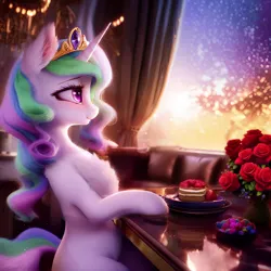 Size: 1536x1536 | Tagged: safe, derpibooru import, editor:nightluna, machine learning assisted, machine learning generated, purplesmart.ai, stable diffusion, princess celestia, alicorn, pony, balcony, cake, candies, chest fluff, couch, crown, curtains, diadem, ear fluff, eyebrows, eyelashes, female, flower, food, image, jewelry, looking forward, mare, plate, png, reflection, regalia, rose, sitting, sky, smiling, solo, strawberry, table, vase, wingless