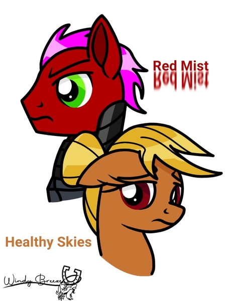 Size: 768x1024 | Tagged: safe, artist:windy breeze, derpibooru import, oc, oc:healthy skies, oc:red mist, pegasus, pony, fallout equestria, fallout equestria: sweet child of mine, armor, brown coat, bust, enclave, enclave armor, explicit source, fanfic art, female, floppy ears, grand pegasus enclave, green eyes, image, jpeg, male, mare, only, power armor, red coat, red eyes, simple background, stallion, white background, wingless, yellow mane