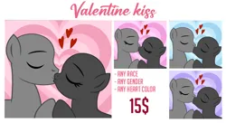 Size: 1200x654 | Tagged: safe, derpibooru import, oc, pony, commission, couple, example, eyes closed, female, gay, holding hooves, holiday, image, kiss on the lips, kissing, lesbian, lovers, male, png, simple background, valentine, valentine's day, vector, ych sketch, your character here