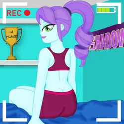 Size: 1444x1436 | Tagged: suggestive, artist:cyber-murph, derpibooru import, crystal lullaby, equestria girls, friendship games, ass, background human, bed, bedroom, butt, butt crack, camera shot, clothes, image, png, ponytail, pose, rear view, sports bra, sports panties, trophy, underwear