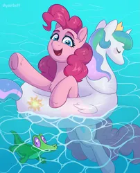 Size: 1465x1809 | Tagged: safe, artist:skysorbett, derpibooru import, gummy, pinkie pie, earth pony, pony, floaty, g4, image, looking at you, open mouth, png, pool toy, swimming, underhoof, water