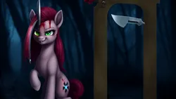 Size: 1024x576 | Tagged: semi-grimdark, derpibooru import, machine learning generated, pinkie pie, earth pony, pony, angry, axe, blood, creepy, female, guillotine, image, insanity, mare, pinkamena diane pie, png, solo, stabbing, weapon, wrong cutie mark
