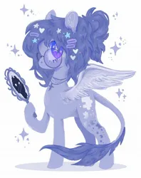 Size: 1626x2048 | Tagged: safe, artist:izzzyzzzart, derpibooru import, oc, oc:vylet, unofficial characters only, pegasus, glasses, hairclip, hand mirror, holding, image, jewelry, jigsaw, jpeg, looking at you, necklace, pegasus oc, round glasses, simple background, white background, wings