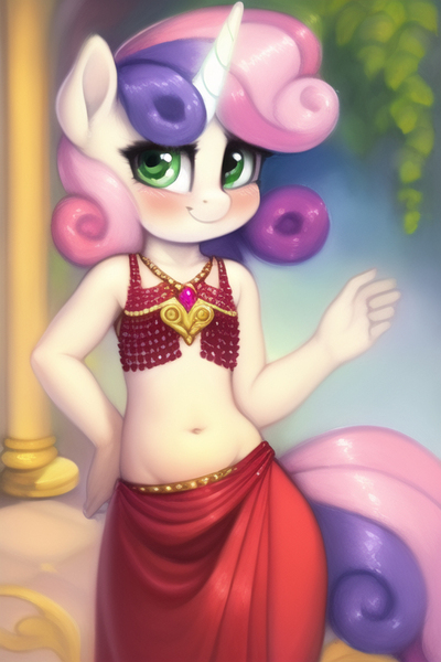 Size: 512x768 | Tagged: safe, banned from derpibooru, machine learning generated, novelai, ponybooru import, sweetie belle, anthro, unicorn, belly button, belly dancer, belly dancer outfit, blushing, breasts, child, delicious flat chest, detailed background, explicit source, female, glowing horn, horn, image, jpeg, lolicon, looking at you, small breasts, solo, solo female, underage